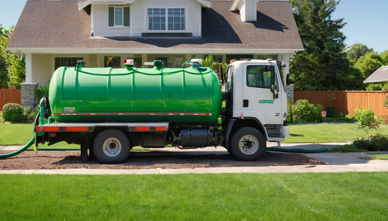 Septic tank pumping truck parked beside a lawn in a Pleasant Prairie neighborhood while a provider checks the tank lid